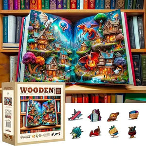 A vibrant 1000-piece wooden puzzle by wooden.city depicting a magical fantasy village with dragons and whimsical architecture