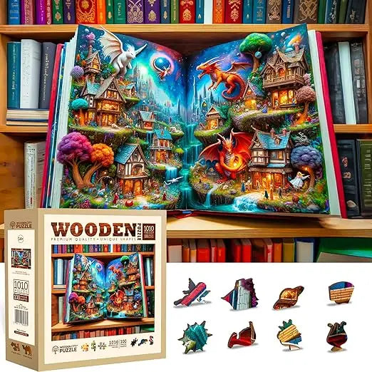 A vibrant 1000-piece wooden puzzle by wooden.city depicting a magical fantasy village with dragons and whimsical architecture