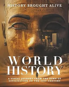 The cover of world history book features a golden ancient egyptian statue face with modern city skyscrapers background