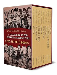 The worlds greatest library box set of 8 biographies features beige and maroon covers with portraits of inspiring personalities