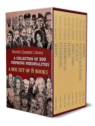 The worlds greatest library box set of 8 biographies features beige and maroon covers with portraits of inspiring personalities