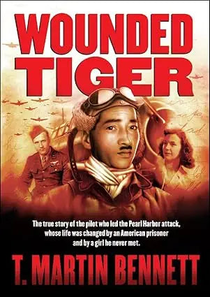 Red and black book cover of wounded tiger featuring an aviator illustration by t focusing on pearl harbor pilot story
