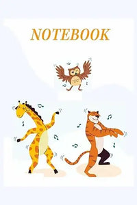 Whimsical ruled line writing notebook with dancing giraffe tiger and owl cartoon animals and musical notes design