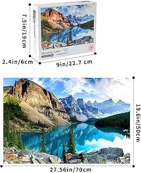 Yundu 1000 piece puzzle for adults featuring a serene turquoise lake reflecting snow-capped Moraine Lake mountains