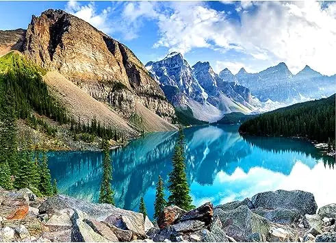 Yundu 1000 piece puzzle for adults featuring a serene turquoise lake reflecting snow-capped Moraine Lake mountains