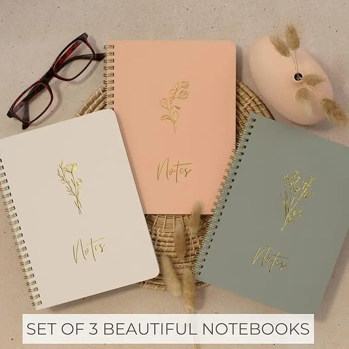 Olive green spiral-bound notebook with gold foil floral design and notes script from zicoto aesthetic set for women