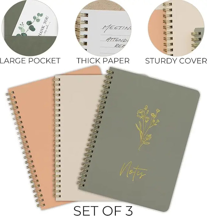 Olive green spiral-bound notebook with gold foil floral design and notes script from zicoto aesthetic set for women