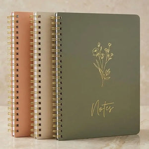 Olive green spiral-bound notebook with gold foil floral design and notes script from zicoto aesthetic set for women