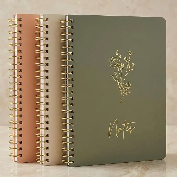 Olive green spiral-bound notebook with gold foil floral design and notes script from zicoto aesthetic set for women