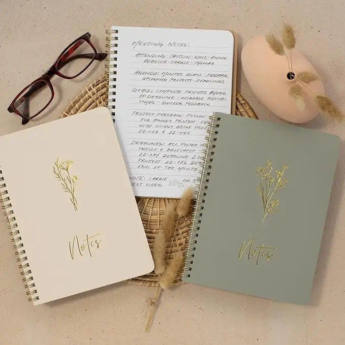 Olive green spiral-bound notebook with gold foil floral design and notes script from zicoto aesthetic set for women