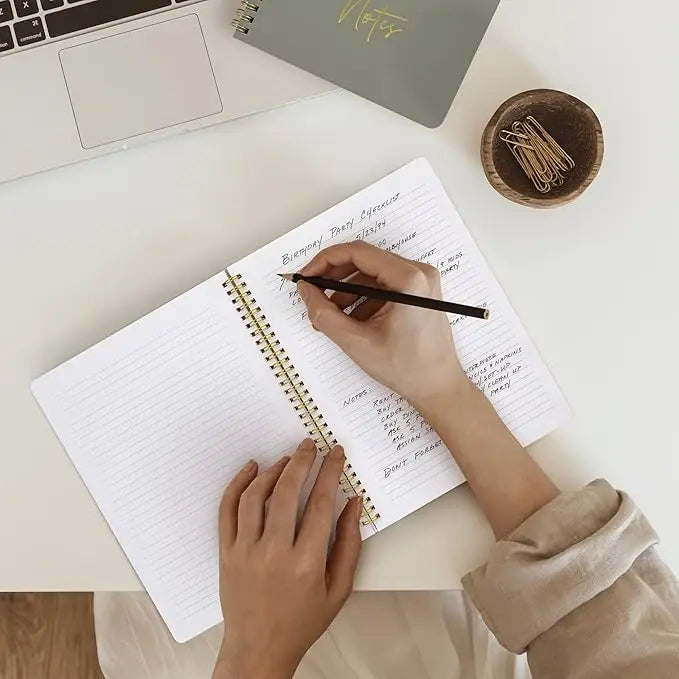 Olive green spiral-bound notebook with gold foil floral design and notes script from zicoto aesthetic set for women