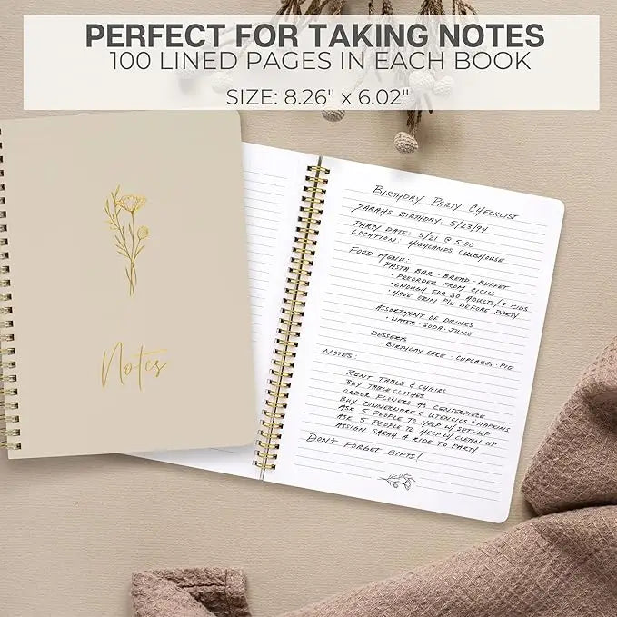 Olive green spiral-bound notebook with gold foil floral design and notes script from zicoto aesthetic set for women